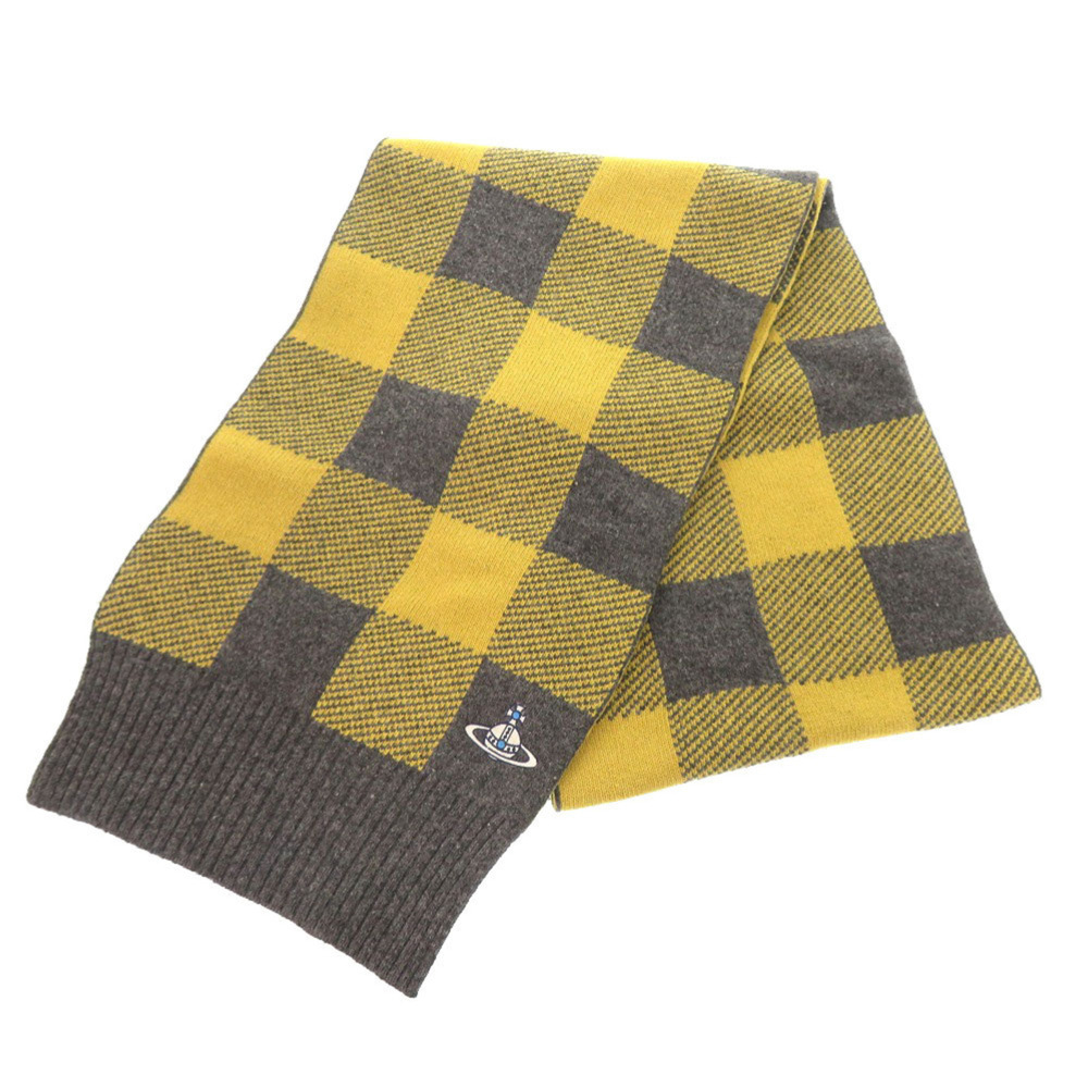 Vivienne Westwood check pattern orb wool scarf in yellow and gray 1724Vivienne